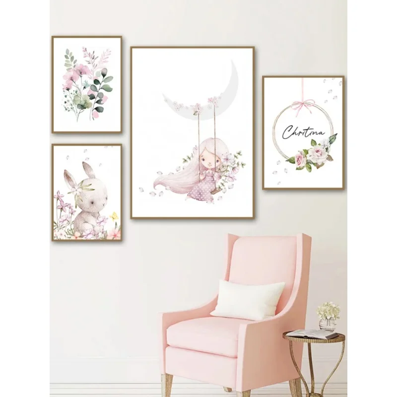 Resin Art With Flowers - Noordse Cartoon Esthetiek Wanddecoratie Roze Meisje