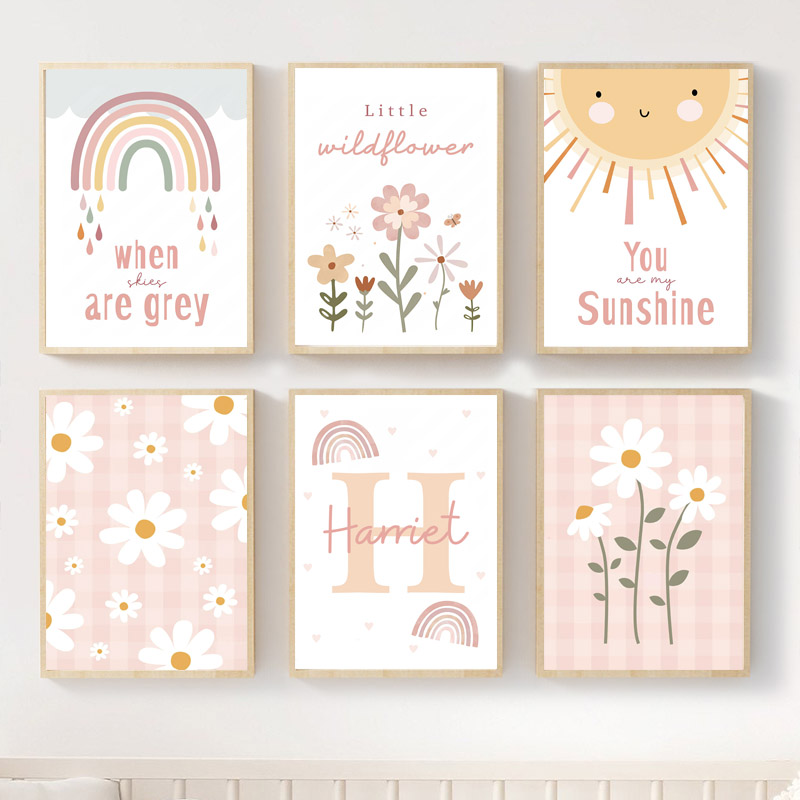 Resin Art Name - Roze Wilde Bloem Zon Regenboog Kinderkamer
